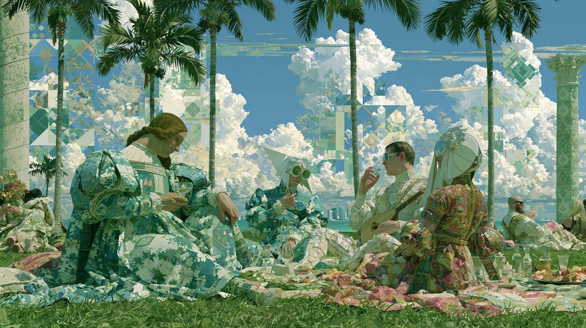 A Renaissance-style picnic on a Miami lawn, with palms and clouds overhead